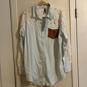 NWT Crazy Train Lace Accent Button-Up Shirt with Pocket